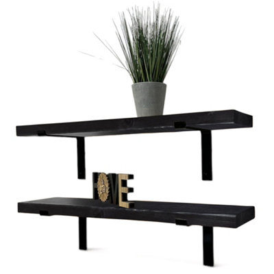 Set of 2 Rustic Shelves, Wooden Shelving with Brackets for Wall (Black, 80cm (0.8m)
