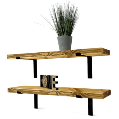 Set of 2 Rustic Shelves, Wooden Shelving with Brackets for Wall (Dark Oak, 80cm (0.8m)