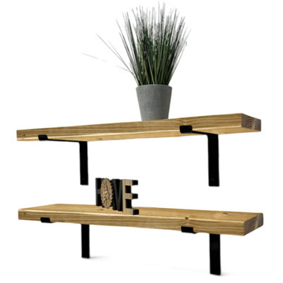 Set of 2 Rustic Shelves, Wooden Shelving with Brackets for Wall (Rustic Pine, 140cm (1.4m)
