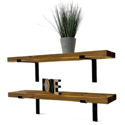 Set of 2 Rustic Shelves, Wooden Shelving with Brackets for Wall (Tudor Oak, 140cm (1.4m)