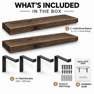 Set of 2 Rustic Shelves, Wooden Shelving with Brackets for Wall (Walnut ...
