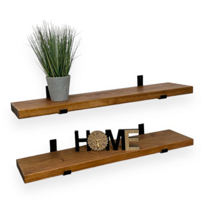 Set of 2 Rustic Wall Shelves with Brackets 22cm Depth x 45mm Thickness ...