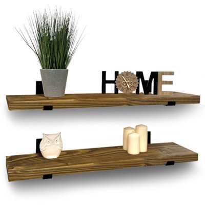 Set of 2 Rustic Wall Shelves with Brackets 22cm Depth x 45mm Thickness ...