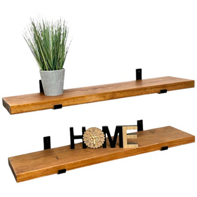 Set of 2 Rustic Wall Shelves with Brackets 22cm Depth x 45mm Thickness ...