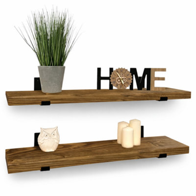Set of 2 Rustic Wall Shelves with Brackets 22cm Depth x 45mm Thickness ...