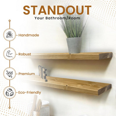Set of 2 Rustic Wooden Floating Shelves with Hidden Brackets (Rustic Pine, 100cm (1.0m)