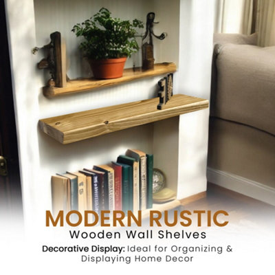 Set of 2 Rustic Wooden Floating Shelves with Hidden Brackets (Rustic Pine, 100cm (1.0m)