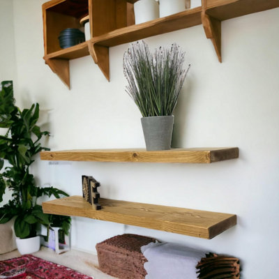 Set of 2 Rustic Wooden Floating Shelves with Hidden Brackets (Rustic Pine, 100cm (1.0m)