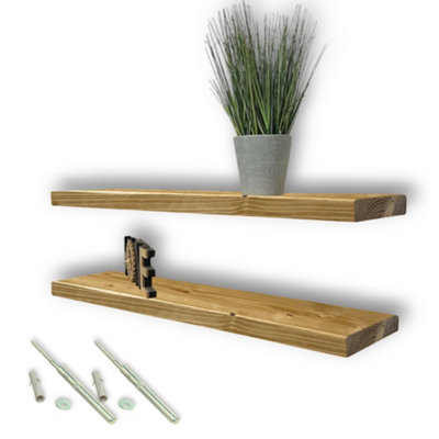 Set of 2 Rustic Wooden Floating Shelves with Hidden Brackets (Rustic Pine, 120cm (1.2m)