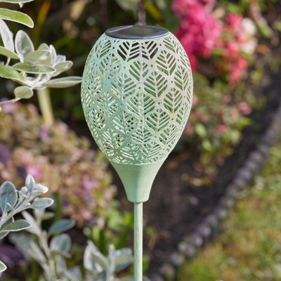 Set of 2 Sage Green Stake Lights - Weatherproof Outdoor Garden LED Pathway Lighting with Filigree Leaf Design - Each H90cm