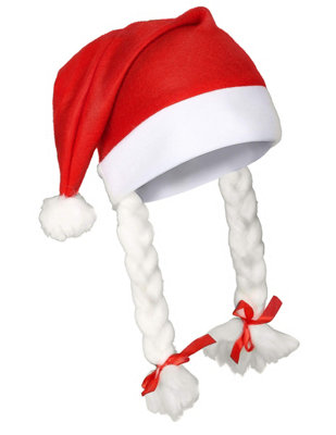 Set of 2 Santa Hat with Plaits & Ribbon Mrs Miss Santa Claus Xmas Fancy Dress Party Accessories Fun