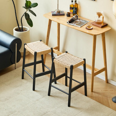 Set of 2 Scandinavian Solid Wood Bar Stools with Rope Black Modern ...