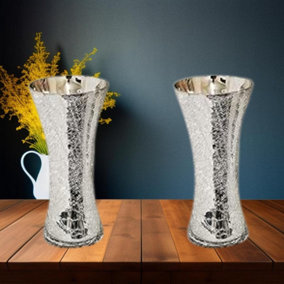 Set Of 2 Silver Crackle Mercury Glass Large Vase H 30Cm