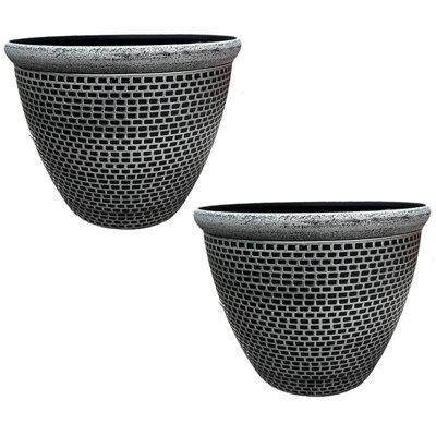 Set Of 2 Silver Cromarty Plant Pot Large 36cm Plastic Round Flower Garden Patio Planter
