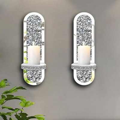 Aeveco Crystal Crush Diamond Wall Sconces - Set Of 2 Silver Mirrored Candle Holders