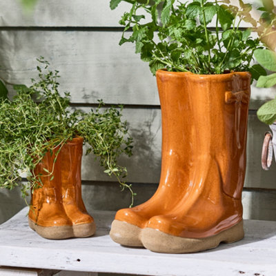 Set of 2 Small and Large Orange  Wellington Boots Ceramic Indoor Outdoor Flower Pot Garden Planters