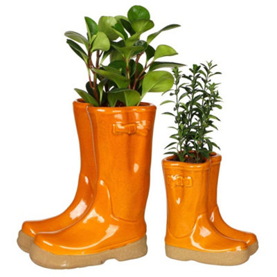 Set of 2 Small and Large Orange  Wellington Boots Ceramic Indoor Outdoor Summer Flower Pot Garden Planters