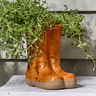 Set of 2 Small and Large Orange  Wellington Boots Ceramic Indoor Outdoor Summer Flower Pot Garden Planters