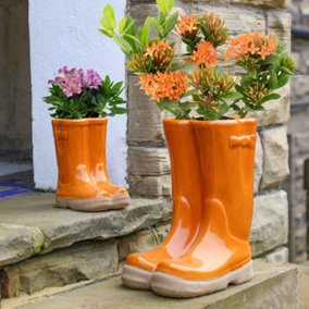 Set of 2 Small and Large Orange  Wellington Boots Outdoor Summer Ceramic Flower Pot Garden Planter Pot Gift for Gardeners