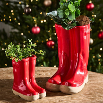 Set of 2 Small and Large Red Wellington Boots Ceramic Indoor Outdoor Flower Pot Garden Planter Pots