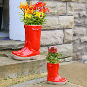 Set of 2 Small and Large Red Wellington Boots Ceramic Indoor Outdoor Summer Flower Pot Garden Planter Pots