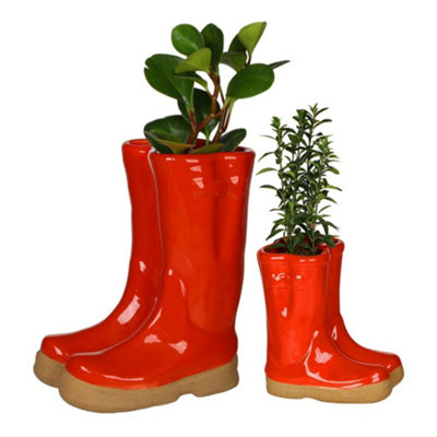 Set of 2 Small and Large Red Wellington Boots Ceramic Indoor Outdoor Summer Flower Pot Garden Planter Pots