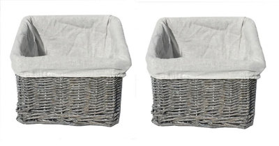 Set Of 2 Small Wicker Willow Storage Basket With Cloth Lining Grey Small 22x22x14.5 cm