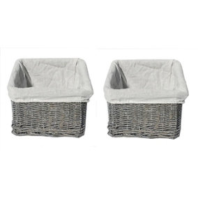 Set Of 2 Small Wicker Willow Storage Basket With Cloth Lining Grey Small 22x22x14.5 cm