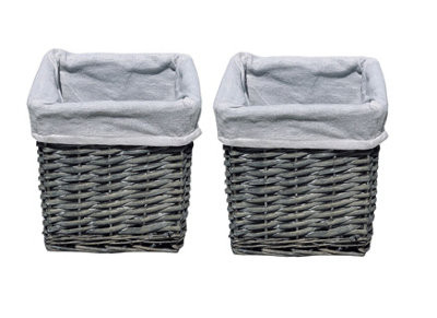 Set Of 2 Small Wicker Willow Storage Basket With Cloth Lining Grey Square 20 x 20 x 20 cm