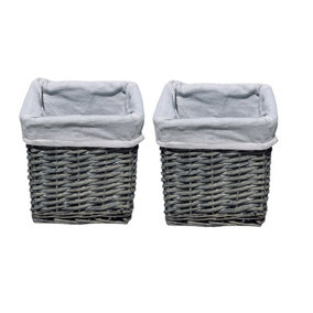 Set Of 2 Small Wicker Willow Storage Basket With Cloth Lining Grey Square 20 x 20 x 20 cm