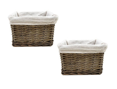 Set Of 2 Small Wicker Willow Storage Basket With Cloth Lining Oak Small