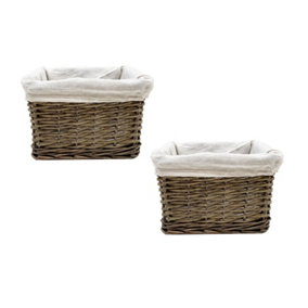Set Of 2 Small Wicker Willow Storage Basket With Cloth Lining Oak Small 22 x 22 x 14.5 cm