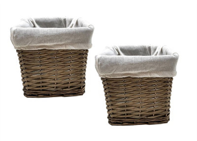 Set Of 2 Small Wicker Willow Storage Basket With Cloth Lining Oak Square 20 x 20 x 20 cm