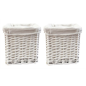 Set Of 2 Small Wicker Willow Storage Basket With Cloth Lining White Square 20 x 20 x 20 cm