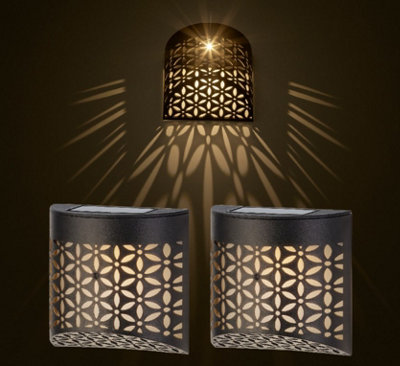 Set Of 2 Solar Wall Lights Downlighter Decorative LED Fence Lights Warm White