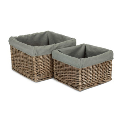 Set of 2 Square Antique Wash Lined Storage Basket