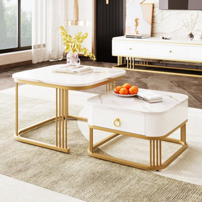 Set of 2 Square High Gloss Marble Pattern Nestable Coffee Tables with Drawer