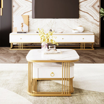 Set of 2 Square High Gloss Marble Pattern Nestable Coffee Tables with Drawer