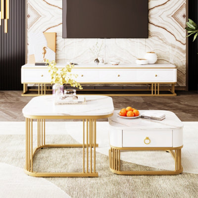Set of 2 Square High Gloss Marble Pattern Nestable Coffee Tables with Drawer
