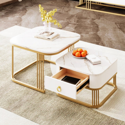 Set of 2 Square High Gloss Marble Pattern Nestable Coffee Tables with Drawer