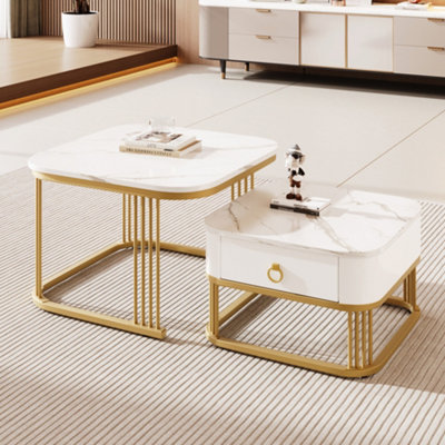 Set of 2 Square High Gloss Marble Pattern Nestable Coffee Tables with Drawer