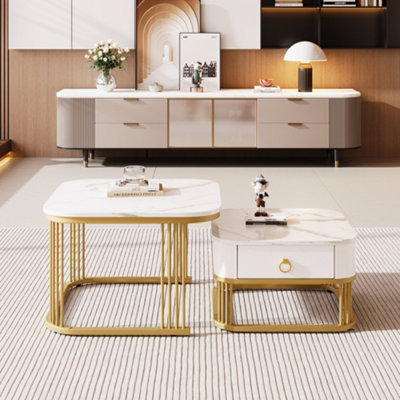 Set of 2 Square High Gloss Marble Pattern Nestable Coffee Tables with Drawer