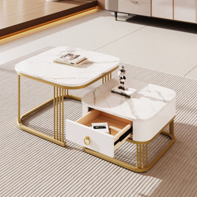 Set of 2 Square High Gloss Marble Pattern Nestable Coffee Tables with Drawer