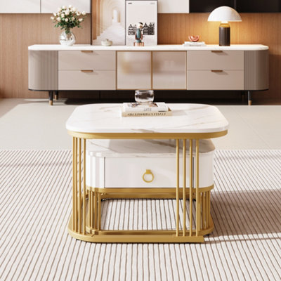 Set of 2 Square High Gloss Marble Pattern Nestable Coffee Tables with Drawer