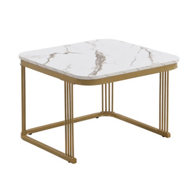 Set of 2 Square High Gloss Marble Pattern Nestable Coffee Tables with Drawer