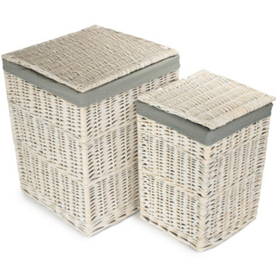 Set of 2 Square White Wash Laundry Hamper with Grey Sage Lining