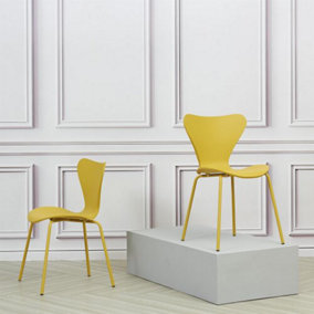 Set of 2 Stackable Mustard Yellow Plastic Dining Chairs with metal frame