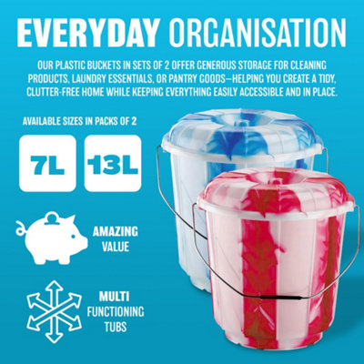 Set Of 2 Storage Buckets 7 Litre Multipurpose Handles Lid Organiser ...