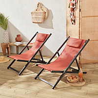 Set of 2 sun loungers - adjustable deck chairs with headrests made from aluminium frame - Gaia - Anthracite frame Terracotta text