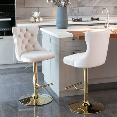 Set of 2 Swivel Bar Stools, Beige Velvet Upholstered Kitchen Breakfast Barstools with Adjustable Height and Golden Base